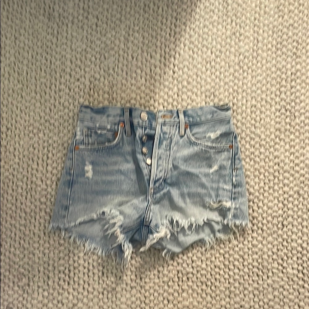 Agolde Frayed Hem Light Blue Jean Shorts